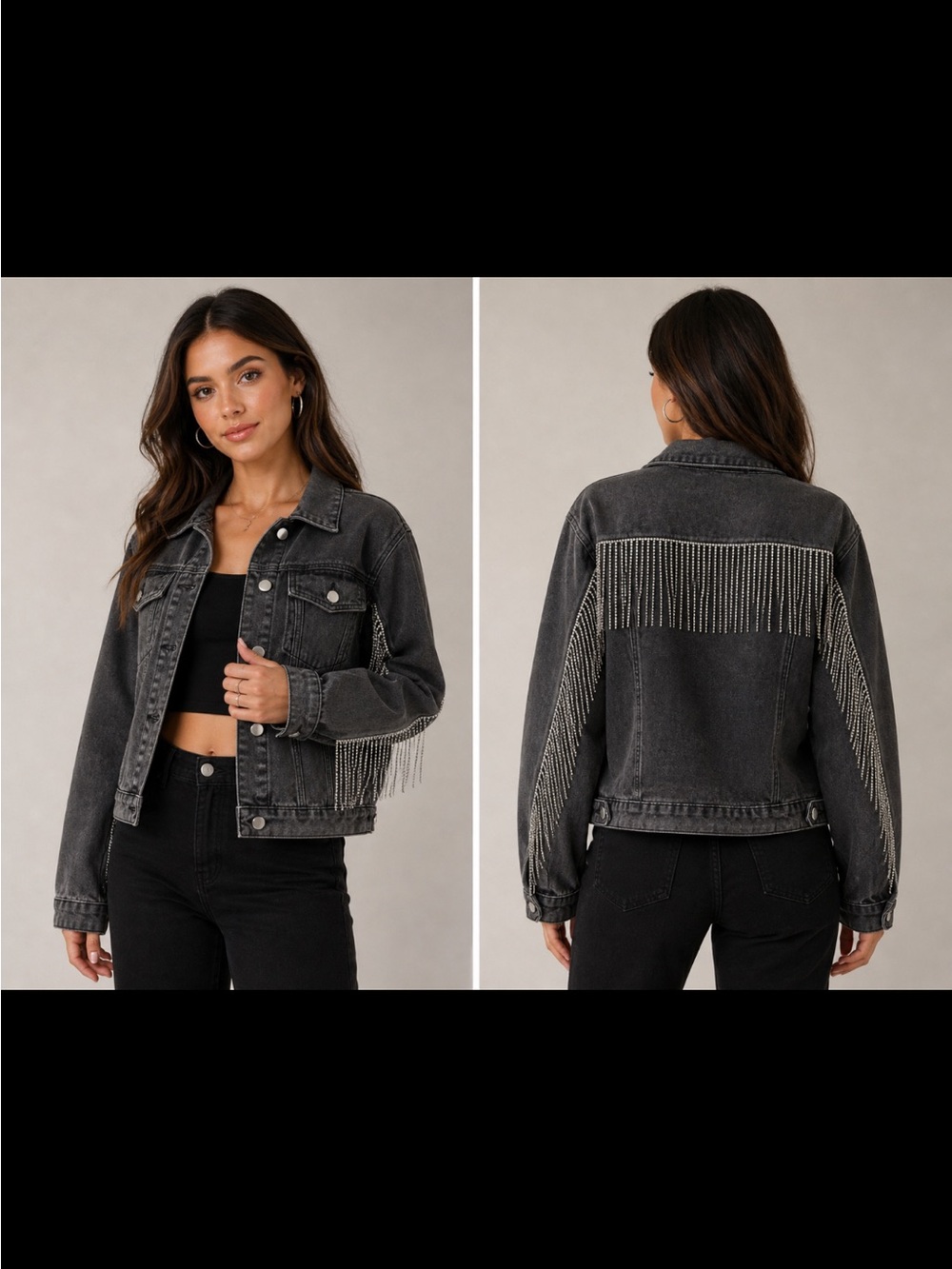 Savanna Jane Charcoal Denim Jacket with Silver Rhinestone Fringe